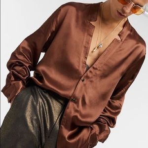 ASOS Deep V Notch Neck Satin Brown Button down